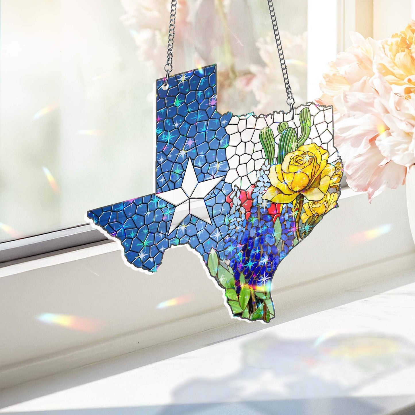 Texas Bluebonnet and Yellow Rose of Texas Hologram Window Hanging TPT2758TNB