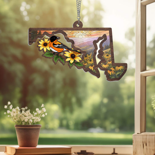 Maryland Black-eyed Susan Flower and Baltimore Oriole Bird Maryland 2 Layered Hanging Suncatcher TPT2161WH