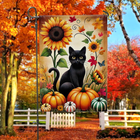 Black Cat Fall Sunflower Thanksgiving Flag MLN3746F