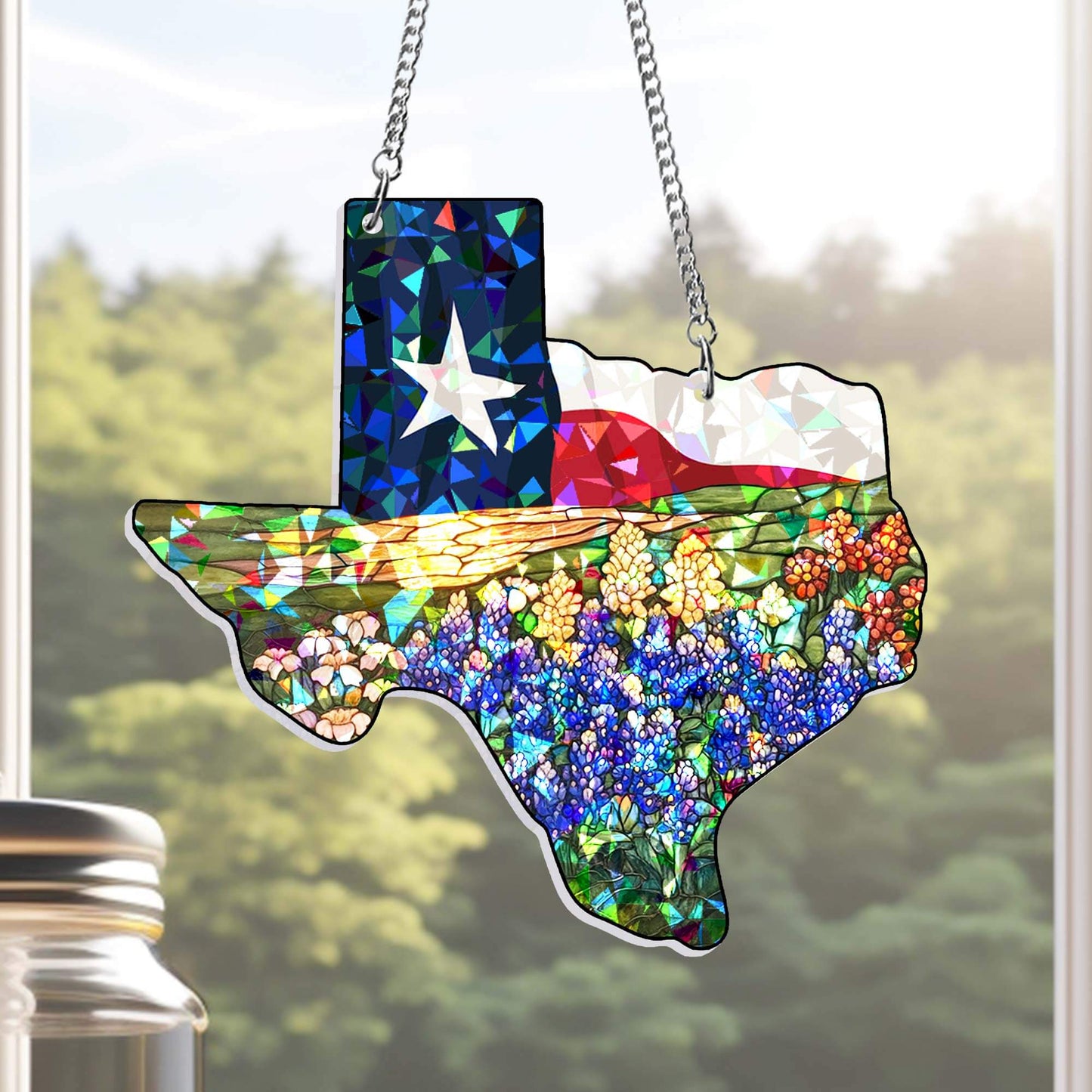 Texas Flag and Bluebonnets Flower Hologram Window Hanging VTM1526TNB