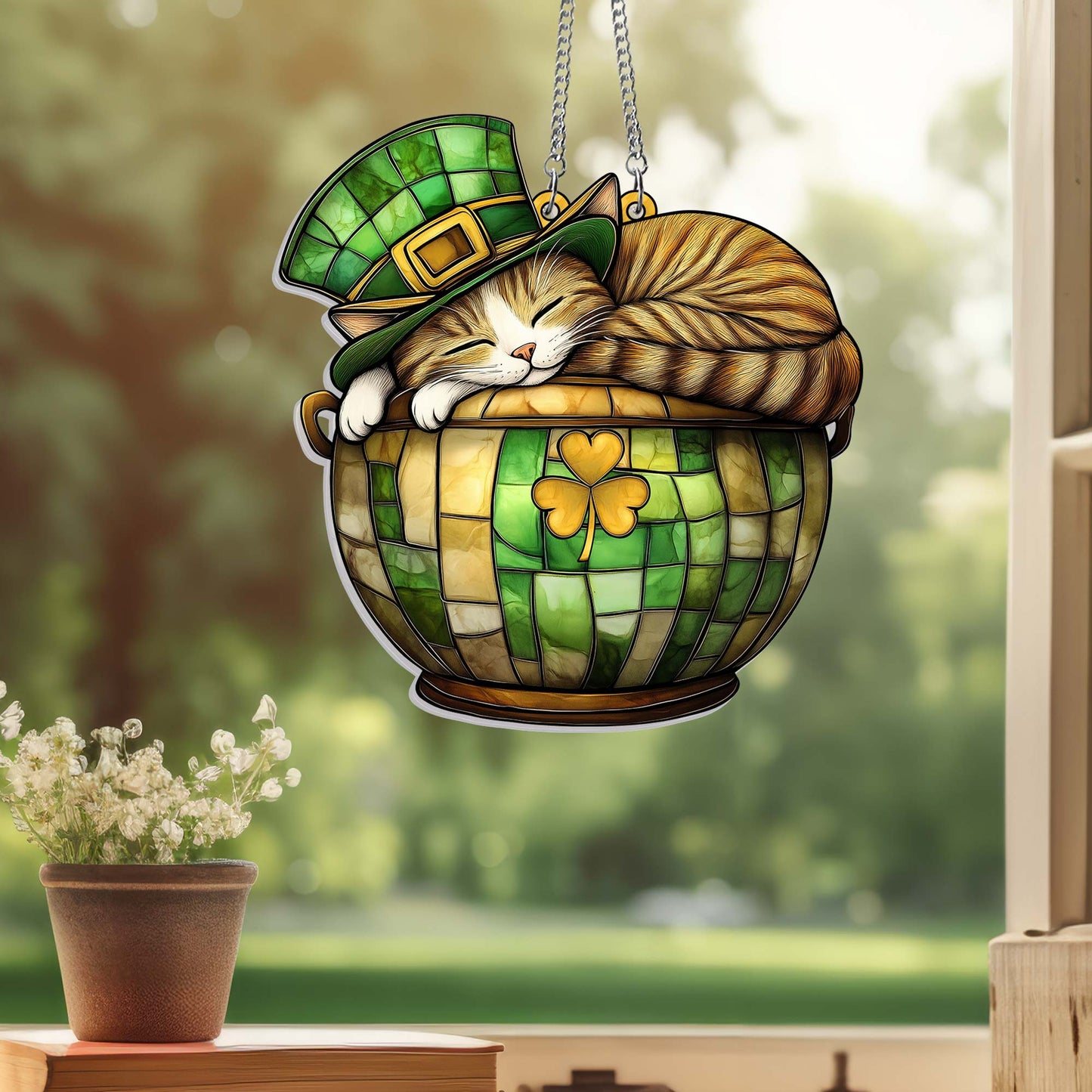 St. Patrick's Day Cat in Lucky Clover Pot Suncatcher Acrylic Hanging Sign MLN4770AS