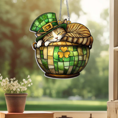 St. Patrick's Day Cat in Lucky Clover Pot Suncatcher Acrylic Hanging Sign MLN4770AS