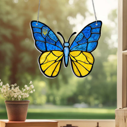 Stand With Ukraine Butterfly Blue Yellow Acrylic Suncatcher Hanging Sign TQN4932LTH