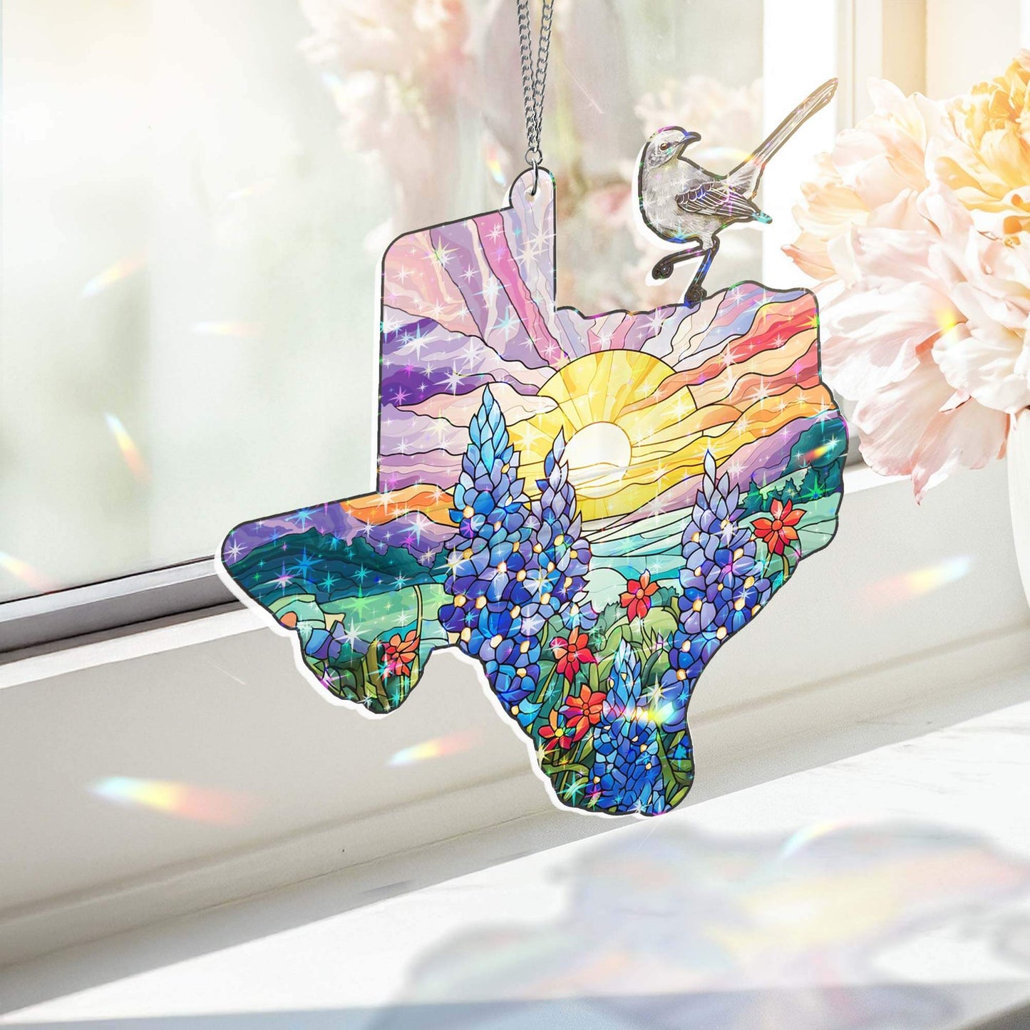 Texas with Northern Mockingbird and Bluebonnet, Texas Hologram Window Hanging TPT2759TNB