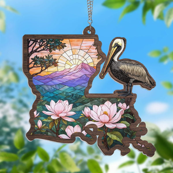 Louisiana State Brown Pelican Bird and Loon Magnolia Flower 2 Layered Hanging Suncatcher TPT2163WHv1